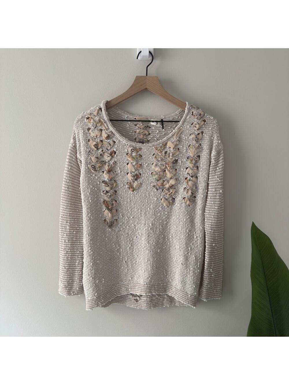 Anthropologie Akemi + Kin Cream Gray White Ribbon Embellished Knit Sweater Top